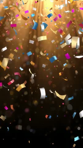 Falling confetti drifting through golden beams and bokeh | Vertical celebration loop