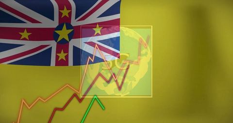 Niue flag overlaying economic growth with rising graph lines
