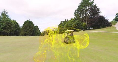 Two men driving golf cart on fairway with yellow motion overlay for leisure and friendship outdoors