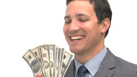 Confident Businessman Holding Cash with Joyful Expression