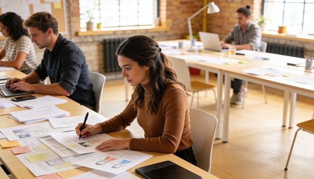 Woman Annotating Printed Design Layouts with Sticky Notes in Sunlit Open-plan Office