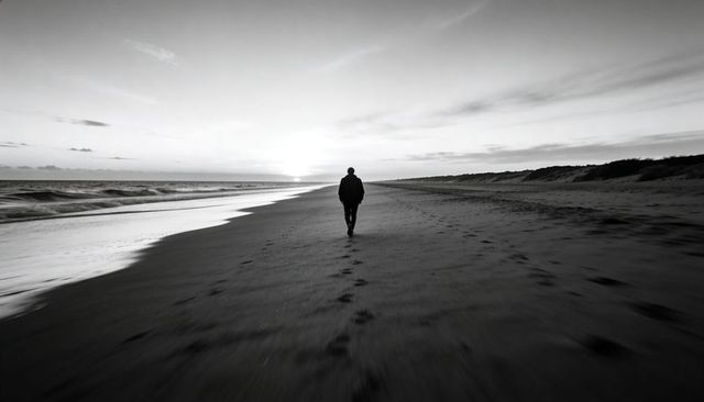 Solitary man walking along wet shoreline leaving footprints at sunset black and white