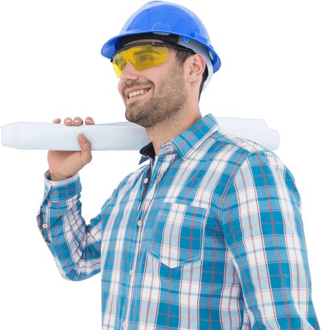 transparent architect with blueprint wearing safety gear smiling - Download Free Stock Videos Pikwizard.com
