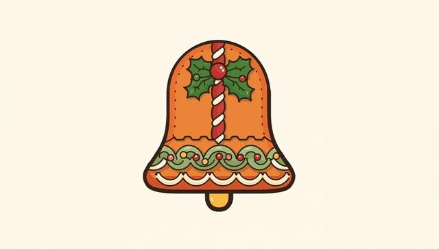 Gingerbread bell ornament with holly and candy cane ribbon christmas holiday flat vector