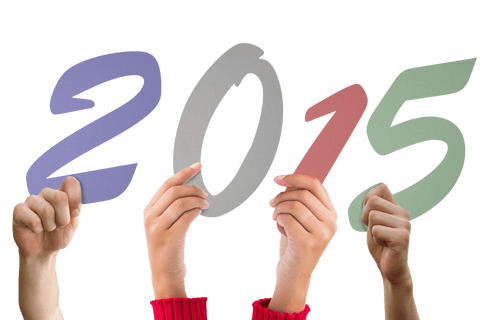 Hands Holding Colorful 2015 Transparency against White Background