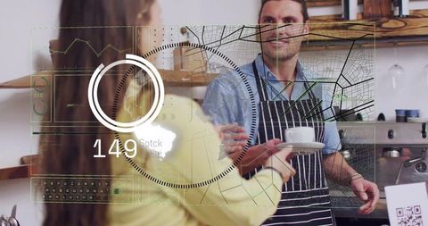 Barista Serving Coffee with Futuristic HUD Data Overlay and Interactive Map Interface