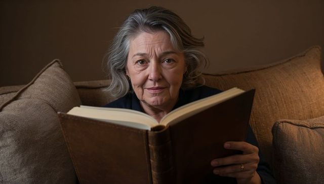 Senior woman reading leather-bound book on cozy sofa, contemplative evening portrait