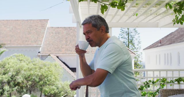 Senior Man Enjoying Morning Coffee On Patio - Download Free Stock Images Pikwizard.com