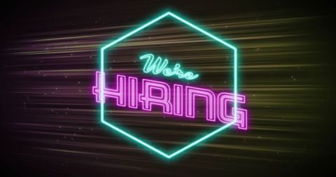 Neon We're Hiring Text with Dark Background Design