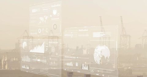 Displaying layered hud analytics over port terminal with dotted globe and cranes