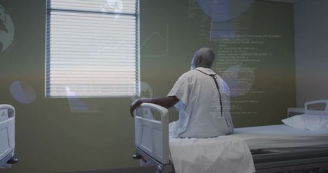 Senior patient gazing through blinds from hospital bed with futuristic data overlays