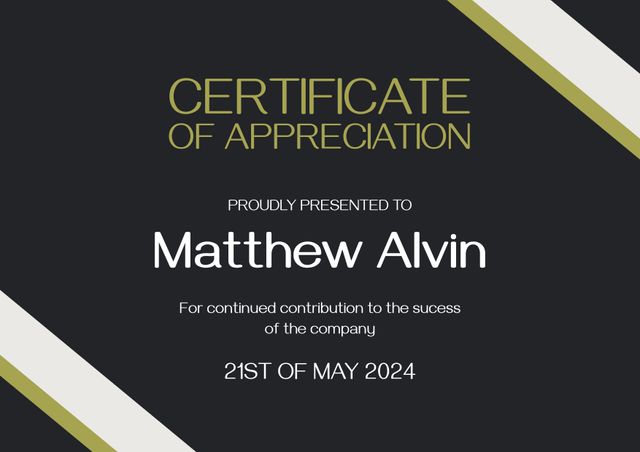 This elegant certificate of appreciation features a black background with stylish green and white bands. It is designed for recognizing contributions and achievements within a company or professional setting. Suitable for awards, employee recognition, or formal presentations.