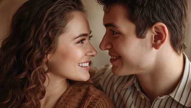 Couple Leaning Close Smiling and Gazing in Cozy Living Room Warm Intimacy