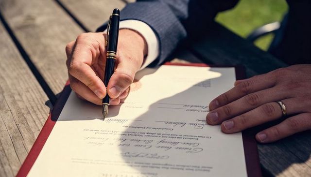 Close-up businessman signing legal contract with fountain pen outdoors on wooden table