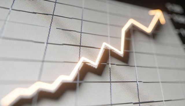 Glowing zigzag growth chart rising across pixel grid monitor showing data metrics trend