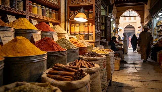 Vibrant souq spice market aisle featuring burlap sacks, cinnamon sticks, turmeric piles