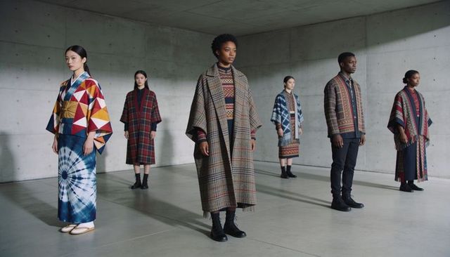 Center model presenting layered plaid coat and knitwear among kimono-inspired looks