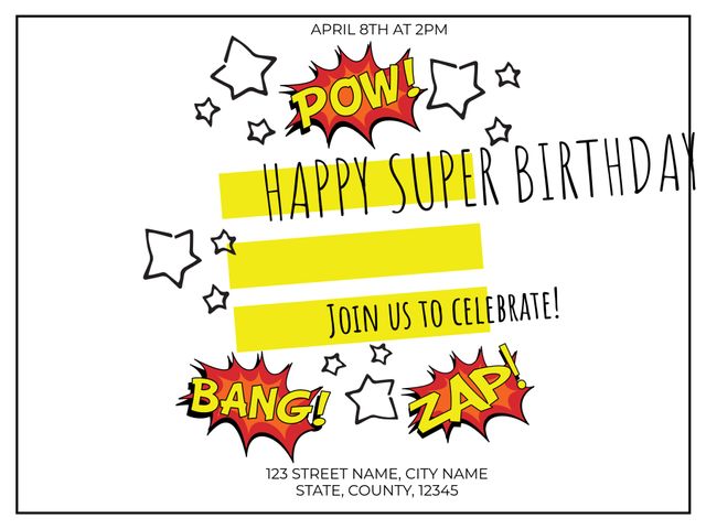 This invitation template is perfect for a superhero-themed birthday party. The comic book style adds energy and excitement with exclamations such as 'POW', 'BANG', and 'ZAP'. It's ideal for kids' birthdays, expecting a high turnout due to its engaging and lively design. The customizable fields make it easy to fill in details specific to your event.