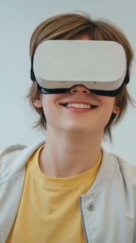Smiling young man exploring VR headset during lab demo vertical video for tech promotion