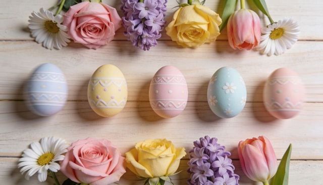 Hand-decorated pastel easter eggs lined on light wood with spring flowers flatlay soft