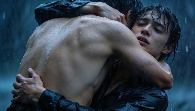 Two men embracing in heavy rainstorm, intense romantic connection and wet bare torso