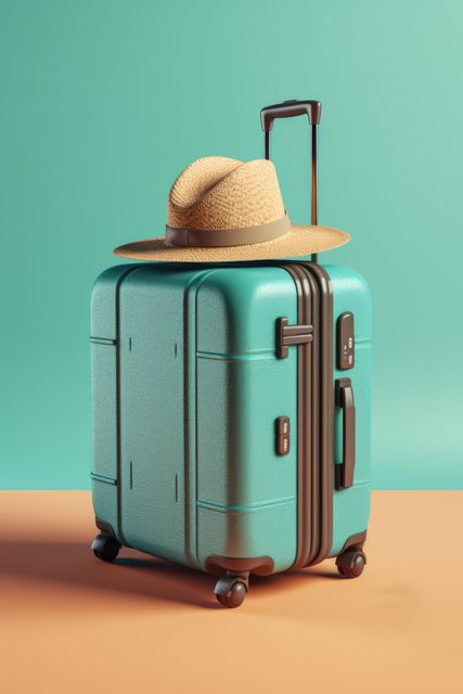 Turquoise suitcase standing upright with a straw hat on top against turquoise and peach background. Useful for travel blogs, holiday advertisements, packing tips articles, vacation planning posts, and travel agency promotional materials.