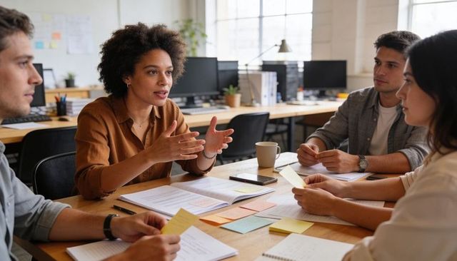 Woman leading team brainstorming session at office table with sticky notes and smartphone