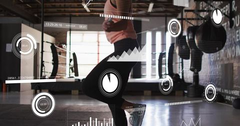 Woman jumping rope in industrial gym with fitness hud overlays, backlit windows, athletic training