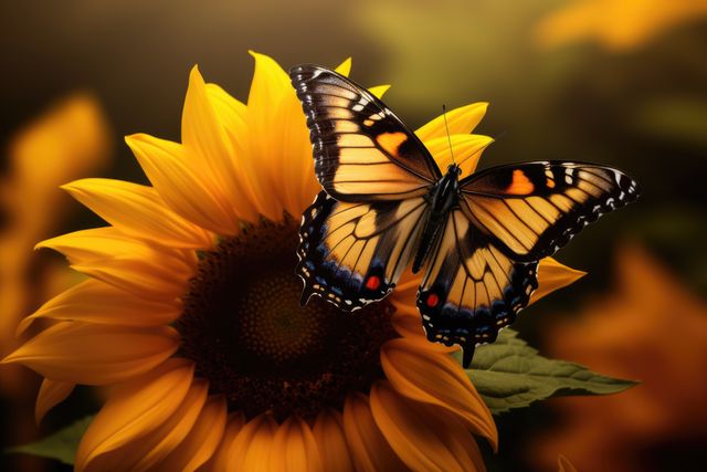 Butterfly resting on sunflower collecting nectar during sunrise. Ideal for themes related to nature, pollination, sunshine, backyard gardens, and illustrations for summer. Useful in environmental education, gardening, and wildlife websites.