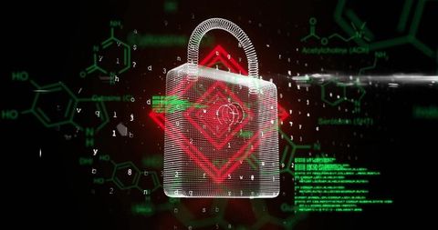 Digital security with wireframe lock and floating elements