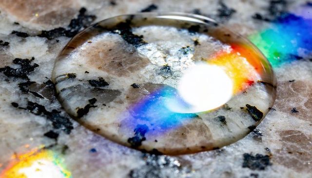 Single water droplet magnifying granite surface, casting rainbow prism and light glint