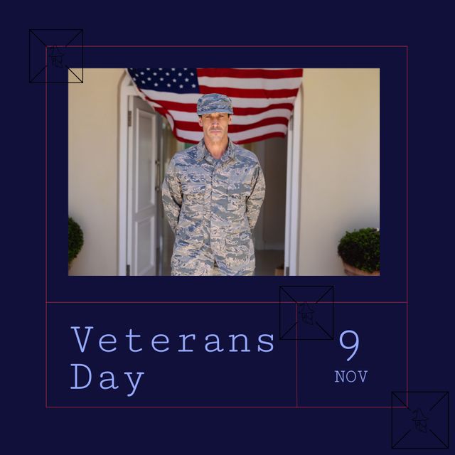 Male soldier standing in uniform in front of American flag. Perfect for Veterans Day promotions, honoring military service, or educational purposes on patriotism and national holidays.