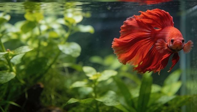 Vibrant red betta swimming with flowing fins in lush planted aquarium closeup serene aquascape
