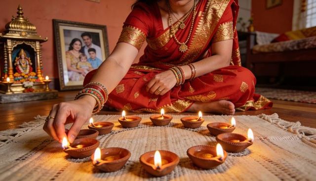 Indian woman lighting and arranging clay diyas in red and gold saree for diwali ritual