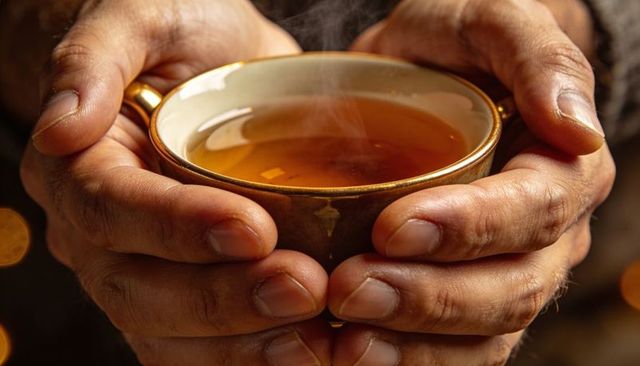Male hands cradling steaming porcelain tea cup with gold rim cozy warmth closeup