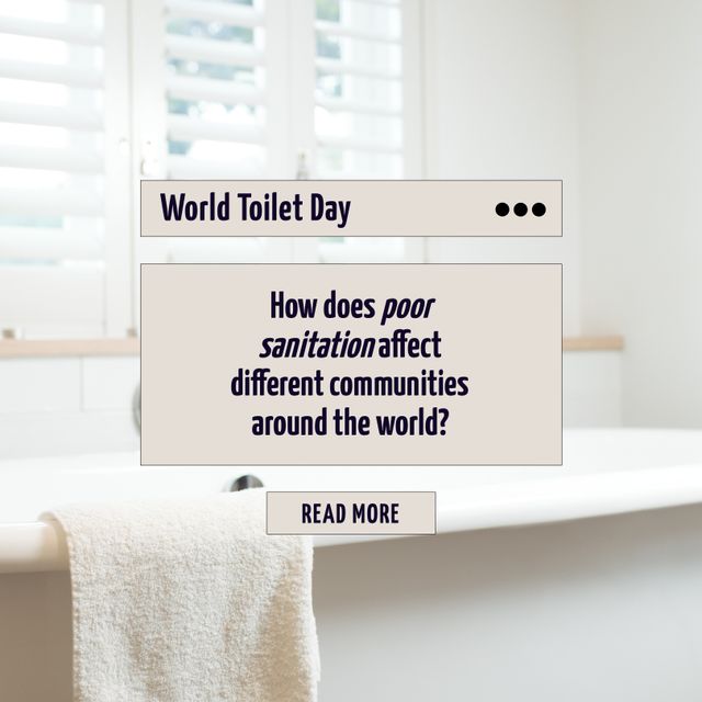 Digital composite image of world toilet day text with question by bathtub in bathroom, copy space. Raise awareness, safely managed sanitation, hygiene, public health, promote basic sanitation.