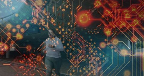 Walking urban woman holding smartphone under neon circuit overlay, futuristic data network
