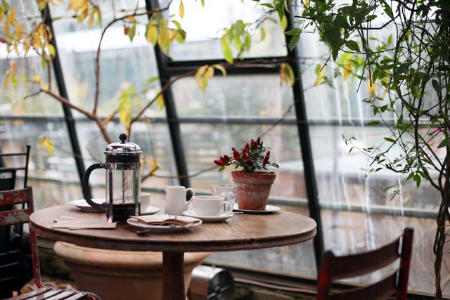 A cozy wooden table in an inviting greenhouse café is adorned with a French press, coffee cups, and a potted plant. Natural light spills in through large windows, illuminating the serene space. Perfect for illustrating themes of relaxation, cozy morning coffee, hospitality settings, and indoor gardening.