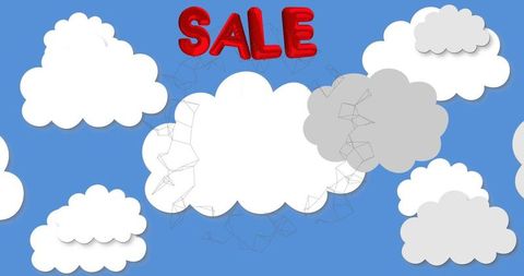 Red Balloon Sale Text with Cartoon Clouds on Blue Background
