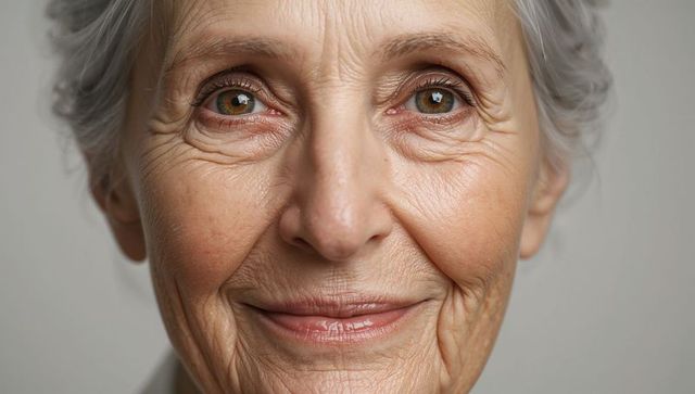 Close-up portrait smiling senior woman with hazel eyes, warm expression, natural facial texture
