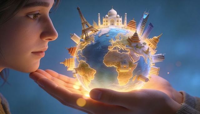 Teen female gazing while holding glowing globe with iconic world landmarks and warm bokeh