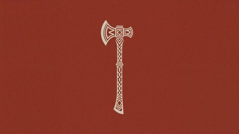 Ornamental ax icon on reddish-brown background with geometric knotwork