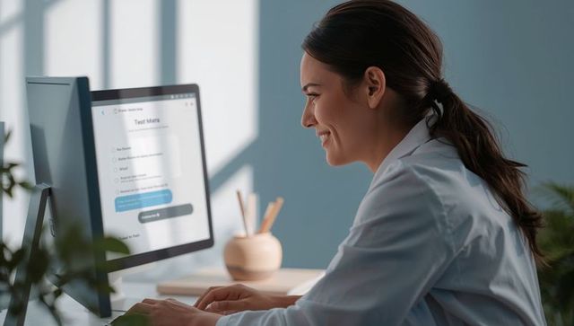 Smiling clinician typing electronic patient form on desktop computer in bright clinic office