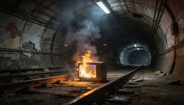 Burning vintage television sparking and smoking on abandoned subway tracks in tunnel