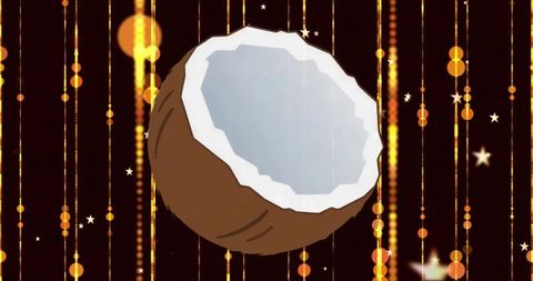 Floating half coconut over luminous golden lines abstract surreal graphic background