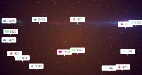 Floating social media engagement icons in cosmic neon starfield with lens flare and heart metrics
