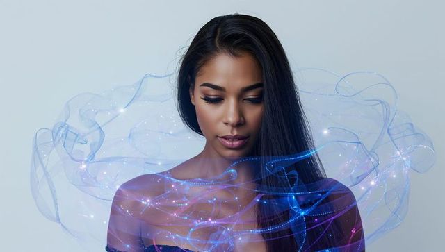 Gazing woman wearing off-shoulder top surrounded by luminous blue ribbon lights