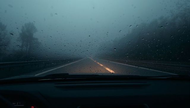 Driving through rain and fog at night viewed through wet windshield with headlight glow