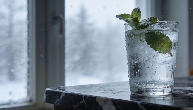 Sparkling mint cooler chilling on marble counter by frosty window with condensation
