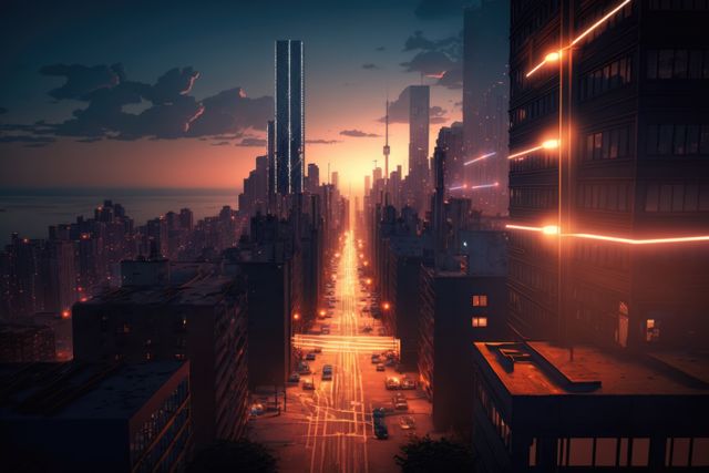 This image depicts a futuristic cityscape illuminated by the warm colors of a sunset and glowing lights. The tall skyscrapers and illuminated streets create a visually stunning modern urban scene. This vibrant city environment is perfect for use in topics related to future cities, technology, urban planning, and modern infrastructure. Ideal for promoting content on innovation and city life.